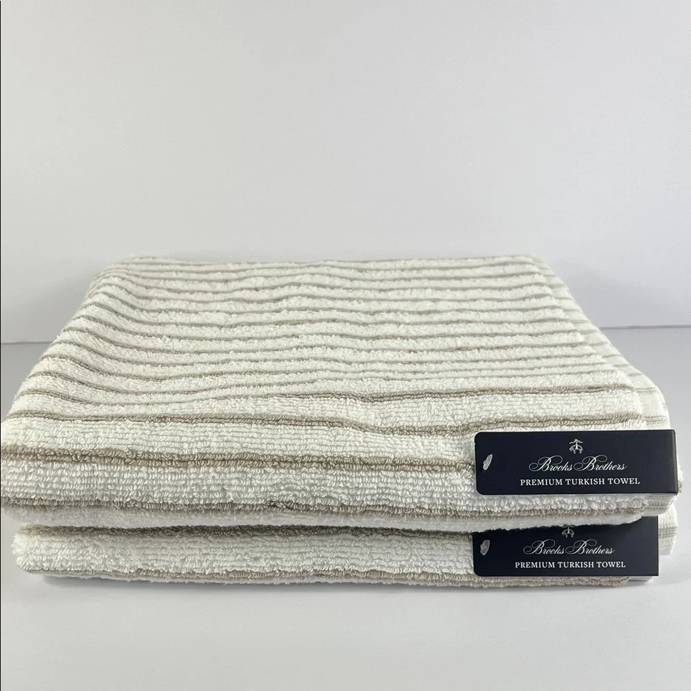 Brooks Brothers Bath Towel Set Tan White Striped Turkish 100% Cotton 2 Pc NEW